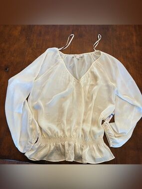 MICHAEL Michael Kors Light Ivory Sheer V-Neck Peplum Top